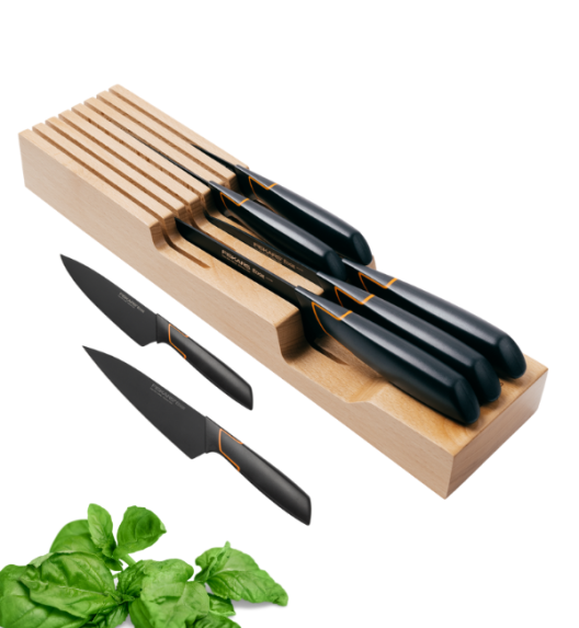FISKARS EDGE Komplet 7 noży kuchennych + drewniany blok do szuflady 