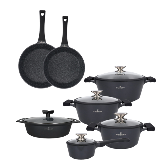 ZWIEGER BLACK STONE Zestaw garnków z pokrywkami 20, 24, 28 cm + Rondel 16 cm + Patelnie 20, 28 cm + Brytfanna 33 cm