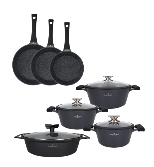ZWIEGER BLACK STONE Zestaw garnków z pokrywkami 20, 24, 28 cm + Patelnie 20, 24, 28 cm + Brytfanna 33 cm