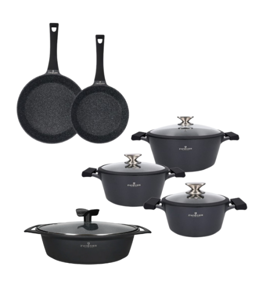 ZWIEGER BLACK STONE Zestaw garnków z pokrywkami 20, 24, 28 cm + Patelnie 20, 28 cm + Brytfanna 33 cm