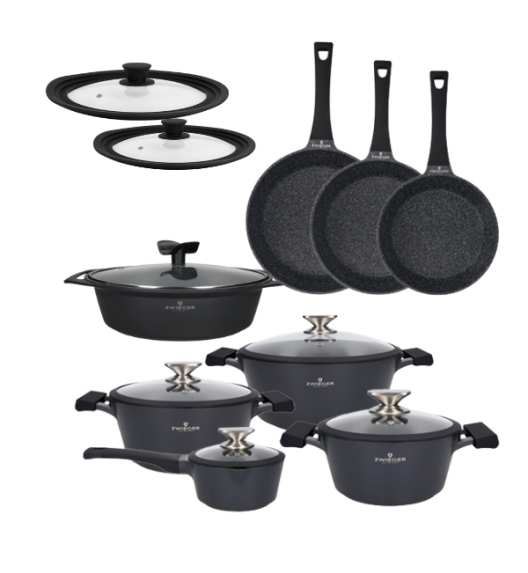 ZWIEGER BLACK STONE Zestaw garnków z pokrywkami 20, 24, 28 cm + Rondel 16 cm + Patelnie 20, 24, 28 cm + Brytfanna 40 cm + Pokrywki silikonowe TADAR