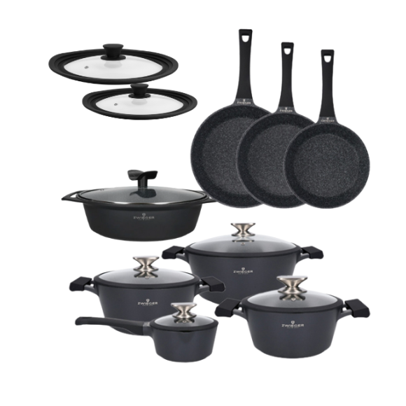 ZWIEGER BLACK STONE Zestaw garnków z pokrywkami 20, 24, 28 cm + Rondel 16 cm + Patelnie 20, 24, 28 cm + Brytfanna 40 cm + Pokrywki silikonowe TADAR