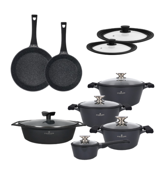 ZWIEGER BLACK STONE Zestaw garnków z pokrywkami 20, 24, 28 cm + Rondel 16 cm + Patelnie 20, 28 cm + Brytfanna Forte 33 cm + Pokrywki silikonowe TADAR