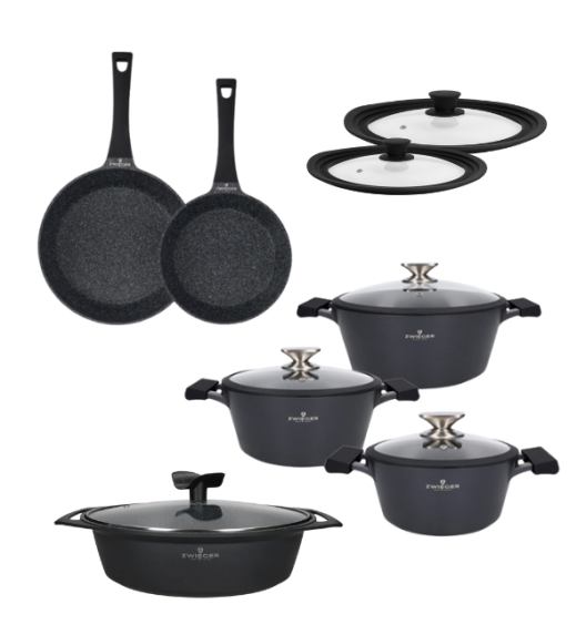 ZWIEGER BLACK STONE Zestaw garnków z pokrywkami 20, 24, 28 cm + Patelnie 20, 28 cm + Brytfanna 40 cm + Pokrywki silikonowe TADAR