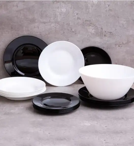 WYPRZEDAŻ! LUMINARC PLUMI Serwis obiadowy 12 el dla 4 osób / biało-czarny / szkło