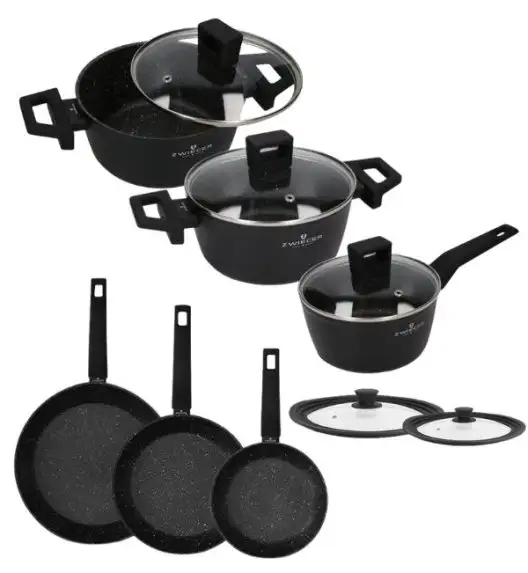 ZWIEGER FORTE Komplet garnków z pokrywkami 6 el /16, 18, 20 cm + Patelnia 20, 24, 28 cm+ pokrywki silikonowe / aluminium