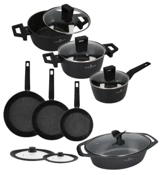 ZWIEGER FORTE Komplet garnków z pokrywkami / 16, 18, 20 cm + Patelnia 20, 24, 28 cm +Brytfanna Forte 33 cm + Pokrywki silikonowe 