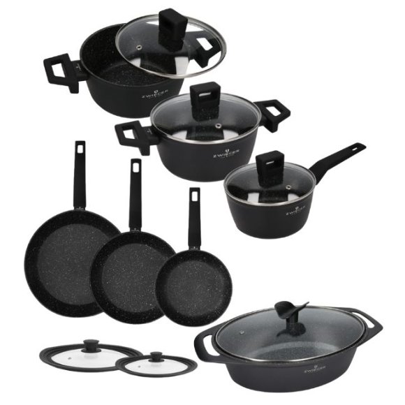 ZWIEGER FORTE Komplet garnków z pokrywkami / 16, 18, 20 cm + Patelnia 20, 24, 28 cm +Brytfanna Forte 33 cm + Pokrywki silikonowe 
