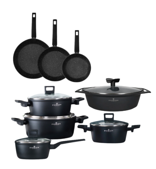 ZWIEGER FORTE Komplet garnków z pokrywkami / 16, 18, 20, 24 cm + Patelnie 20, 24, 28 cm + Brytfanna 33 cm
