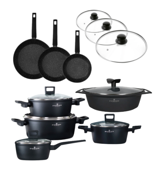 ZWIEGER FORTE Komplet garnków z pokrywkami / 16, 18, 20, 24 cm + Patelnie 20, 24, 28 cm + Pokrywki + Brytfanna Forte