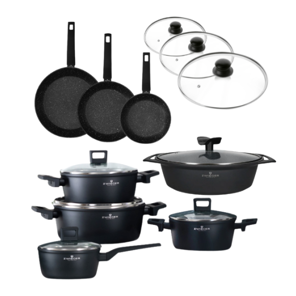 ZWIEGER FORTE Komplet garnków z pokrywkami / 16, 18, 20, 24 cm + Patelnie 20, 24, 28 cm + Pokrywki + Brytfanna Forte