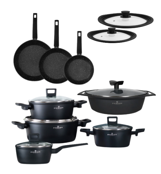 ZWIEGER FORTE Komplet garnków z pokrywkami / 16, 18, 20, 24 cm + Patelnie 20, 24, 28 cm + Pokrywki silikonowe + Brytfanna Forte 33 cm
