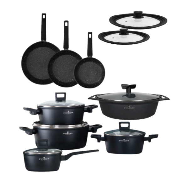 ZWIEGER FORTE Komplet garnków z pokrywkami / 16, 18, 20, 24 cm + Patelnie 20, 24, 28 cm + Pokrywki silikonowe + Brytfanna Forte 33 cm