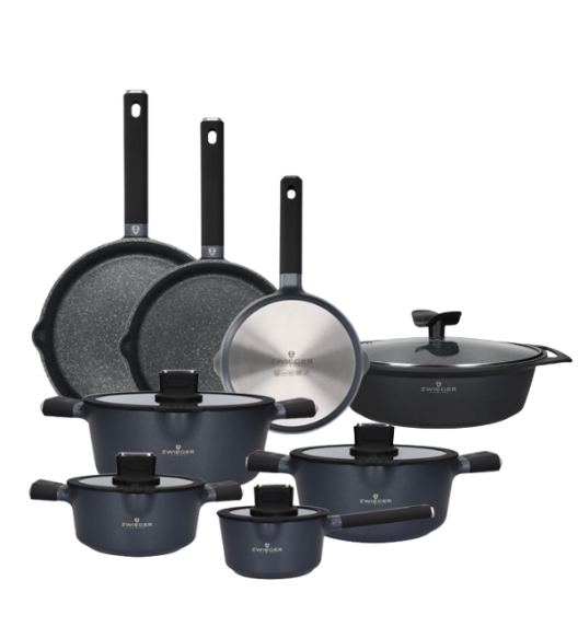 ZWIEGER VESNA Komplet 3 garnków z pokrywkami + Rondel 16 cm + Patelnie 20, 24, 28 cm + Brytfanna 33 cm / GREBLON C3 non-stick / indukcja