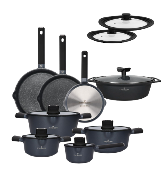 ZWIEGER VESNA Komplet 3 garnków z pokrywkami + Rondel 16 cm + Patelnie 20, 24, 28 cm + Brytfanna 33 cm + Pokrywki silikonowe TADAR
