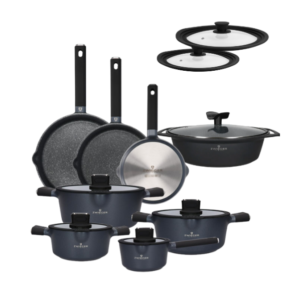 ZWIEGER VESNA Komplet 3 garnków z pokrywkami + Rondel 16 cm + Patelnie 20, 24, 28 cm + Brytfanna 33 cm + Pokrywki silikonowe TADAR