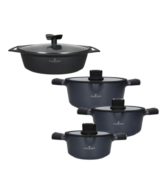 ZWIEGER VESNA Komplet 3 garnków z pokrywkami + Rondel 16 cm + Patelnie 20, 24, 28 cm + Brytfanna 33 cm + Pokrywki silikonowe TADAR
