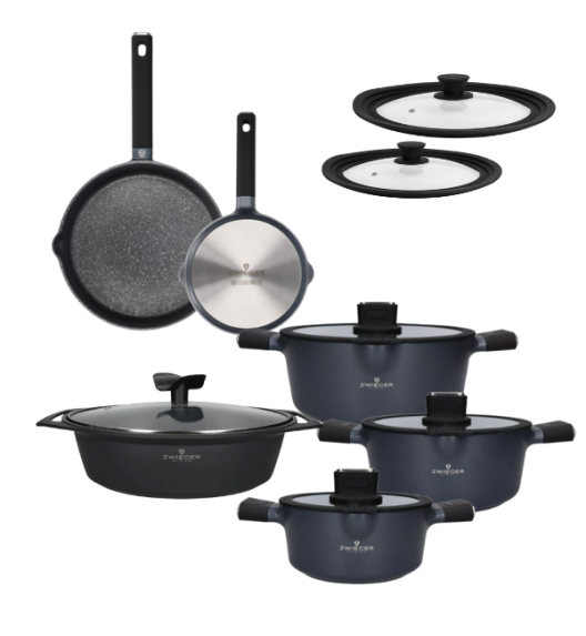 ZWIEGER VESNA Komplet garnków 6 el z pokrywkami 20, 24, 28 cm + Patelnie 20, 24, 28 cm + Brytfanna 33 cm + Pokrywki silikonowe TADAR