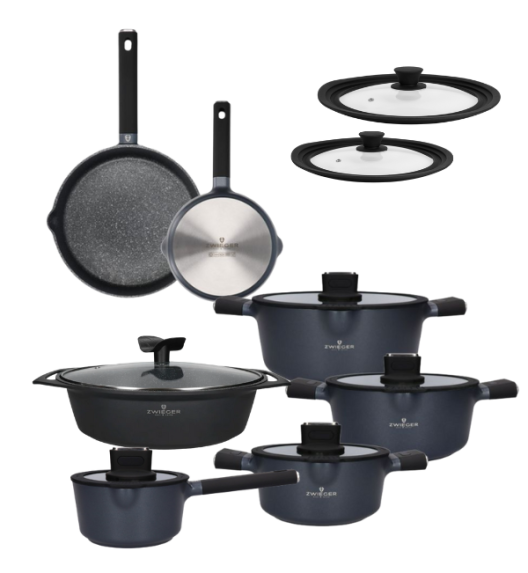 ZWIEGER VESNA Komplet garnków 6 el z pokrywkami 20, 24, 28 cm + Patelnie 20, 28 cm + Brytfanna 33 cm + Pokrywki silikonowe TADAR