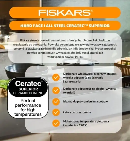 FISKARS HARD FACE Komplet garnki z pokrywkami 8 el + Patelnie 20, 24, 28 cm + naleśnikowa / powłoka Ceratec™ Superior