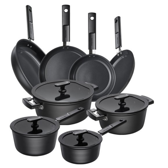 FISKARS HARD FACE Komplet garnki z pokrywkami 8 el + Patelnie 20, 24, 28 cm + naleśnikowa / powłoka Ceratec™ Superior