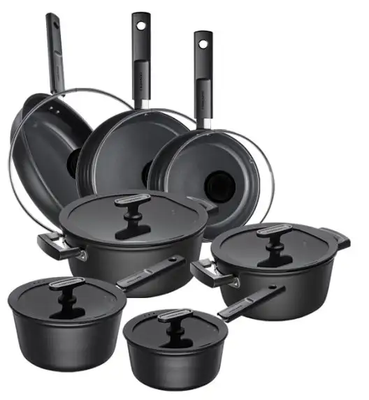FISKARS HARD FACE Komplet garnki z pokrywkami 8 el + Patelnie 20, 24, 28 cm + pokrywki TADAR / powłoka Ceratec™ Superior