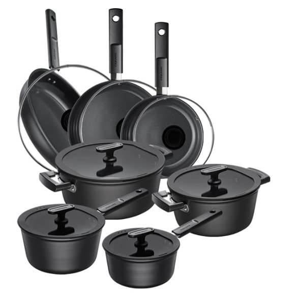 FISKARS HARD FACE Komplet garnki z pokrywkami 8 el + Patelnie 20, 24, 28 cm + pokrywki TADAR / powłoka Ceratec™ Superior