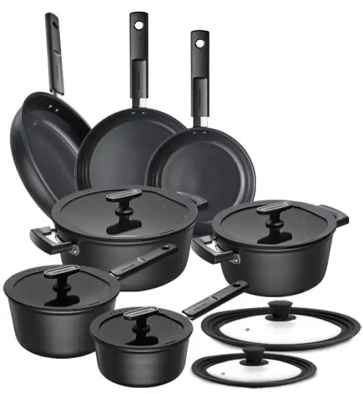 FISKARS HARD FACE Komplet garnki z pokrywkami 8 el + Patelnie 20, 24, 28 cm + pokrywki silikonoweTADAR / powłoka Ceratec™ Superior