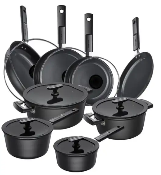 FISKARS HARD FACE Komplet garnki z pokrywkami 8 el + Patelnie 20, 24, 28 cm + pokrywki TADAR + naleśnikowa / powłoka Ceratec™ Superior