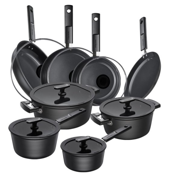 FISKARS HARD FACE Komplet garnki z pokrywkami 8 el + Patelnie 20, 24, 28 cm + pokrywki TADAR + naleśnikowa / powłoka Ceratec™ Superior