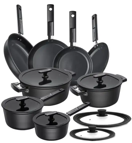 FISKARS HARD FACE Komplet garnki z pokrywkami 8 el + Patelnie 20, 24, 28 cm + pokrywki silikonoweTADAR + naleśnikowa / powłoka Ceratec™ Superior