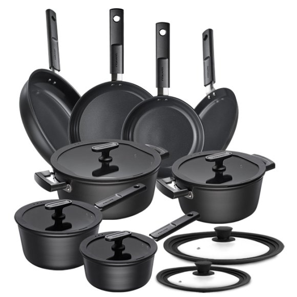 FISKARS HARD FACE Komplet garnki z pokrywkami 8 el + Patelnie 20, 24, 28 cm + pokrywki silikonoweTADAR + naleśnikowa / powłoka Ceratec™ Superior