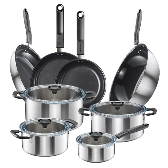 FISKARS FUNCTIONAL FORM Komplet garnki z pokrywkami 8 el + Patelnie 20, 24, 28 cm + Wok / powłoka Ceratec™