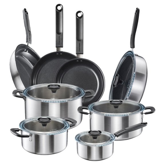 FISKARS FUNCTIONAL FORM Komplet garnki z pokrywkami 8 el + Patelnie 20, 24, 28 cm + Patelnia szefa / powłoka Ceratec™