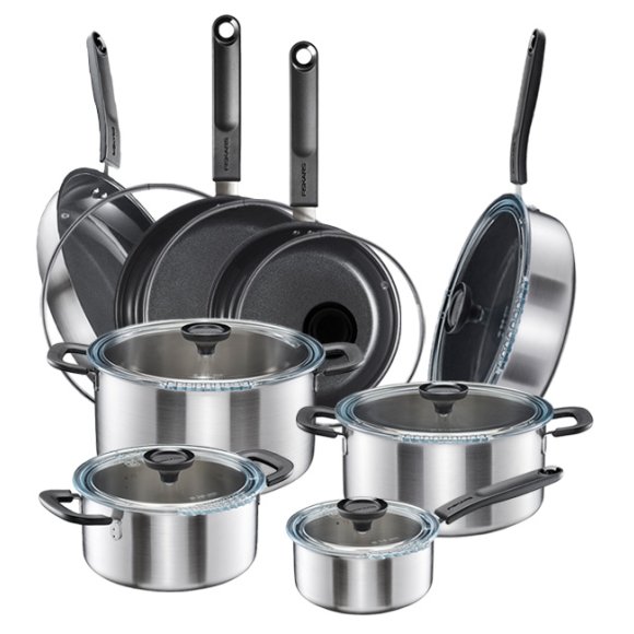 FISKARS FUNCTIONAL FORM Komplet garnki z pokrywkami 8 el + Patelnie 20, 24, 28 cm + pokrywki TADAR + Patelnia szefa / powłoka Ceratec™