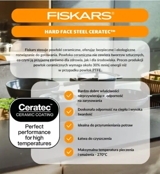 FISKARS FUNCTIONAL FORM Komplet garnki z pokrywkami 8 el + Patelnie 20, 24, 28 cm + pokrywki TADAR + Patelnia szefa + Wok / powłoka Ceratec™