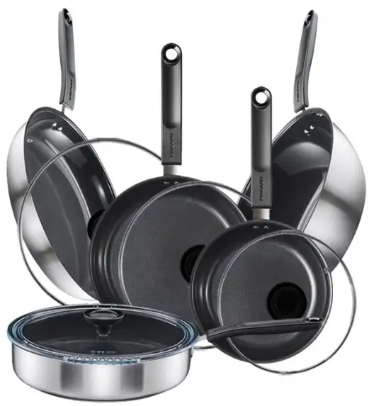 FISKARS FUNCTIONAL FORM Komplet garnki z pokrywkami 8 el + Patelnie 20, 24, 28 cm + pokrywki TADAR + Patelnia szefa + Wok / powłoka Ceratec™