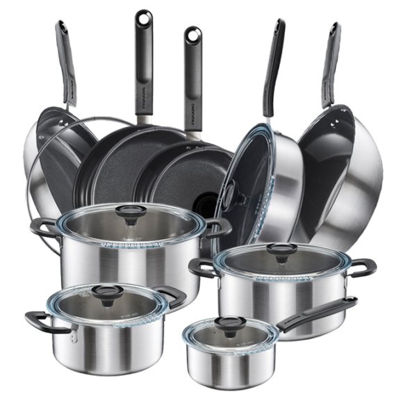 FISKARS FUNCTIONAL FORM Komplet garnki z pokrywkami 8 el + Patelnie 20, 24, 28 cm + pokrywki TADAR + Patelnia szefa + Wok / powłoka Ceratec™