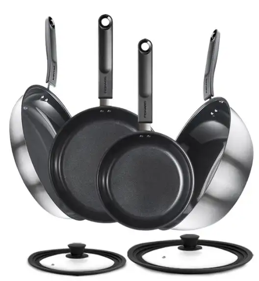 FISKARS FUNCTIONAL FORM Komplet garnki z pokrywkami 8 el + Patelnie 20, 24, 28 cm + pokrywki silikonowe TADAR + Wok / powłoka Ceratec™
