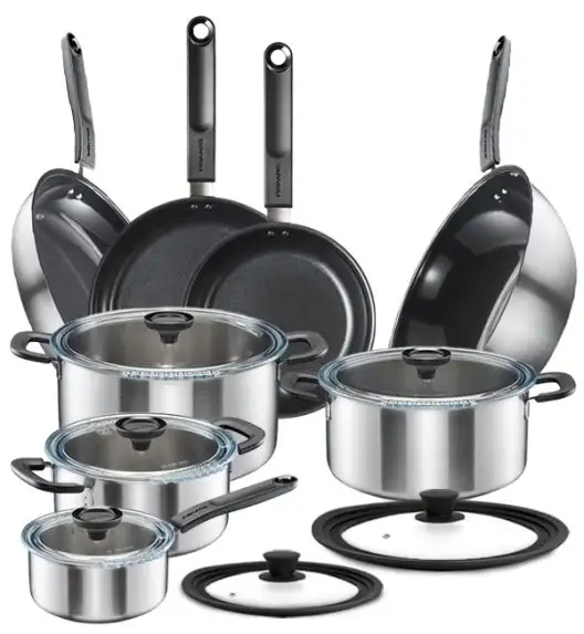FISKARS FUNCTIONAL FORM Komplet garnki z pokrywkami 8 el + Patelnie 20, 24, 28 cm + pokrywki silikonowe TADAR + Wok / powłoka Ceratec™