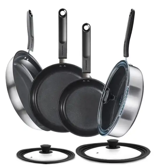 FISKARS FUNCTIONAL FORM Komplet garnki z pokrywkami 8 el + Patelnie 20, 24, 28 cm + pokrywki silikonowe TADAR + Patelnia szefa / powłoka Ceratec™