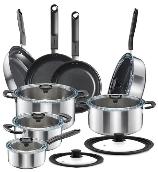 FISKARS FUNCTIONAL FORM Komplet garnki z pokrywkami 8 el + Patelnie 20, 24, 28 cm + pokrywki silikonowe TADAR + Patelnia szefa / powłoka Ceratec™