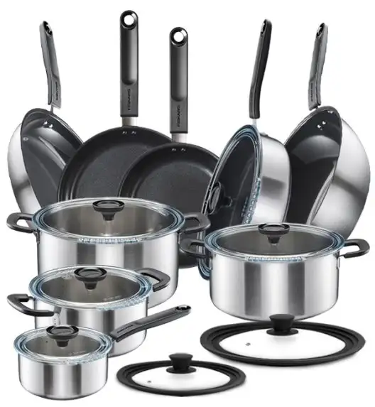 FISKARS FUNCTIONAL FORM Komplet garnki z pokrywkami 8 el + Patelnie 20, 24, 28 cm + pokrywki silikonowe TADAR + Patelnia szefa + Wok / powłoka Ceratec™