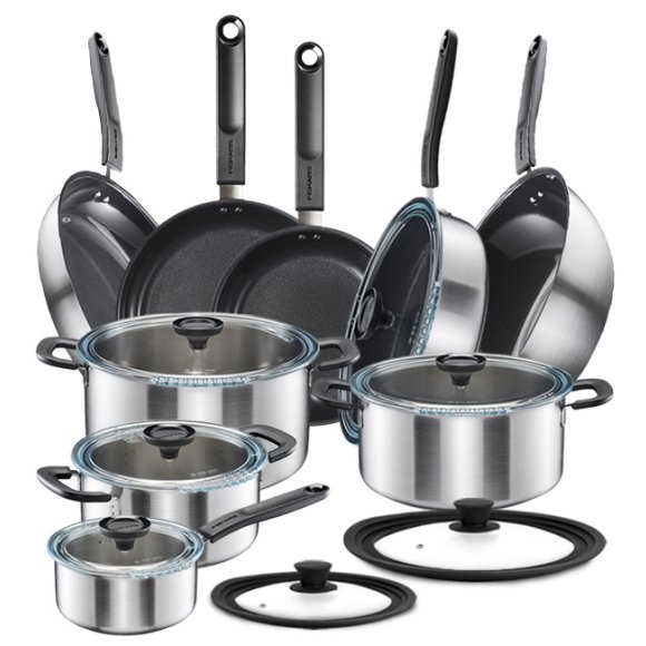 FISKARS FUNCTIONAL FORM Komplet garnki z pokrywkami 8 el + Patelnie 20, 24, 28 cm + pokrywki silikonowe TADAR + Patelnia szefa + Wok / powłoka Ceratec™
