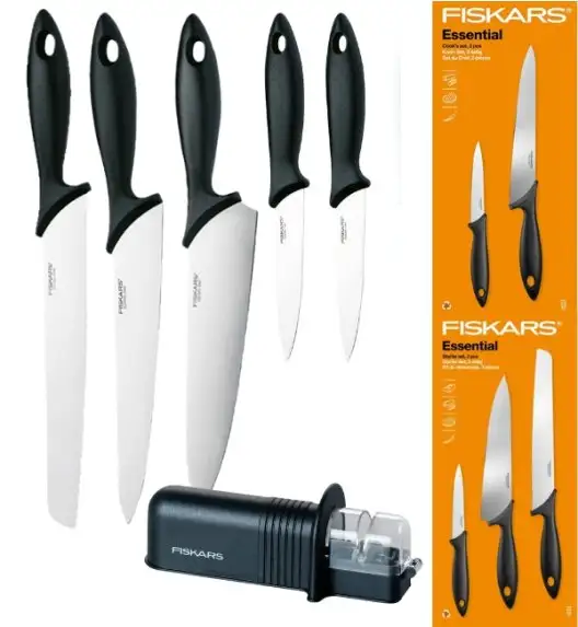 FISKARS ESSENTIAL Komplet 5 noży (kuchenne +Szefa) w pudełku + Ostrzałka ESSENTIAL