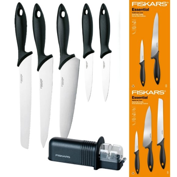 FISKARS ESSENTIAL Komplet 5 noży (kuchenne +Szefa) w pudełku + Ostrzałka ESSENTIAL