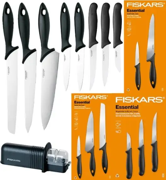 FISKARS ESSENTIAL Komplet 8 noży (kuchenne +Szefa +do warzyw) w pudełku / stal nierdzewna HRC 53 + Ostrzałka ESSENTIAL