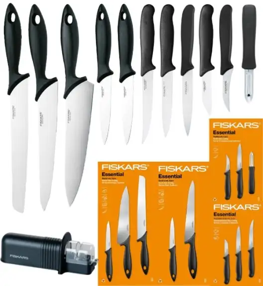FISKARS ESSENTIAL Komplet 11 noży (kuchenne +Szefa+do obierania+do warzyw) w pudełku + Ostrzałka ESSENTIAL