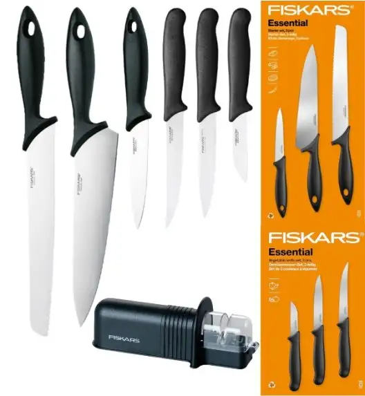 FISKARS ESSENTIAL Zestaw 6 noży (kuchenne +do warzyw) w pudełku / stal nierdzewna HRC 53 + Ostrzałka ESSENTIAL