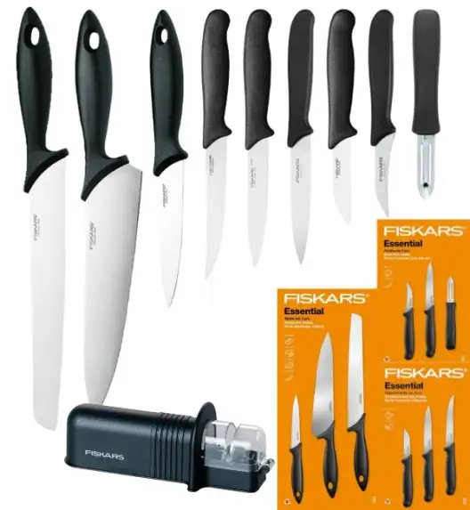 FISKARS ESSENTIAL Zestaw 9 noży (kuchenne +do warzyw +do obierania) w pudełku + Ostrzałka ESSENTIAL